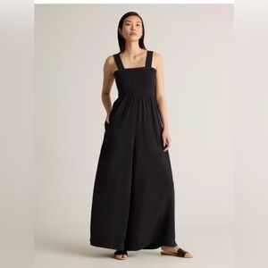 NWT Quince Women 100% Organic Cotton Gauze Smocked Wide Leg Jumpsuit Black Sz M